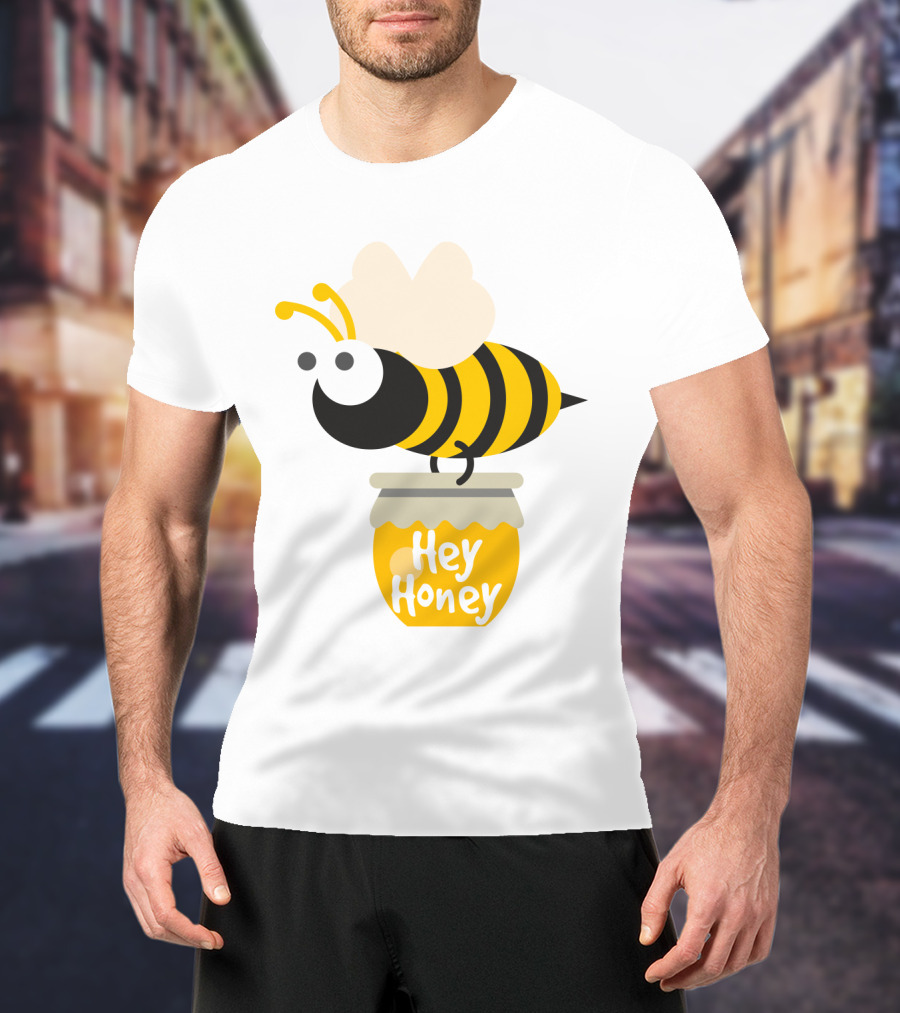 Hey Honey Fun Bee Yellow Striped Cartoon Bee On Honey Jar T-Shirt