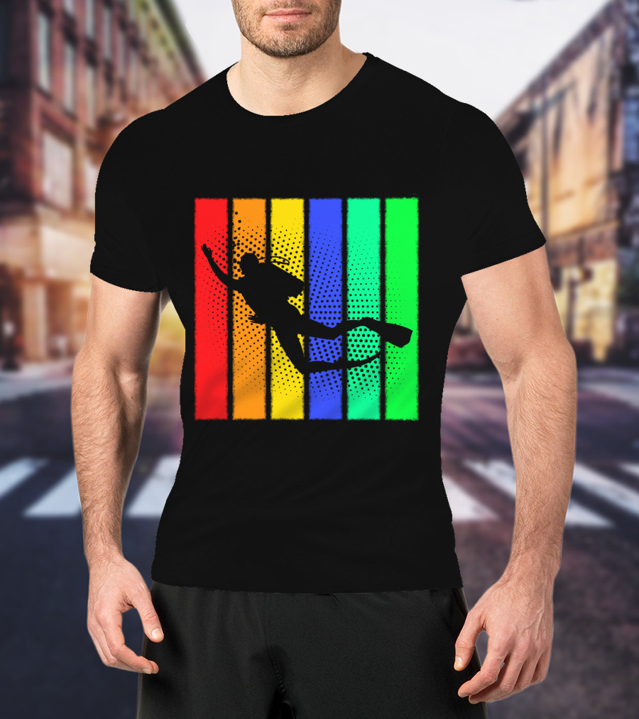 Retro Snorkeling Diver Silhouette Rainbow Stripes T-Shirt