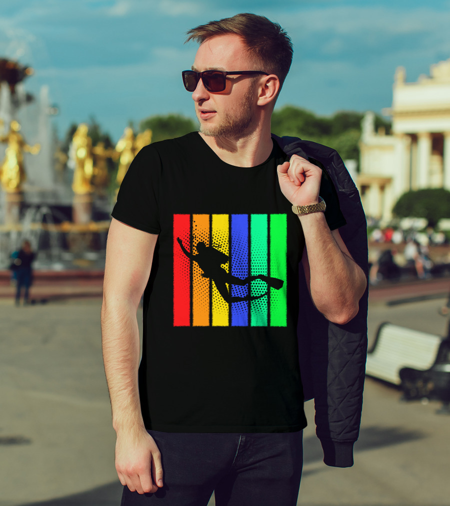 Retro Snorkeling Diver Silhouette Rainbow Stripes T-Shirt