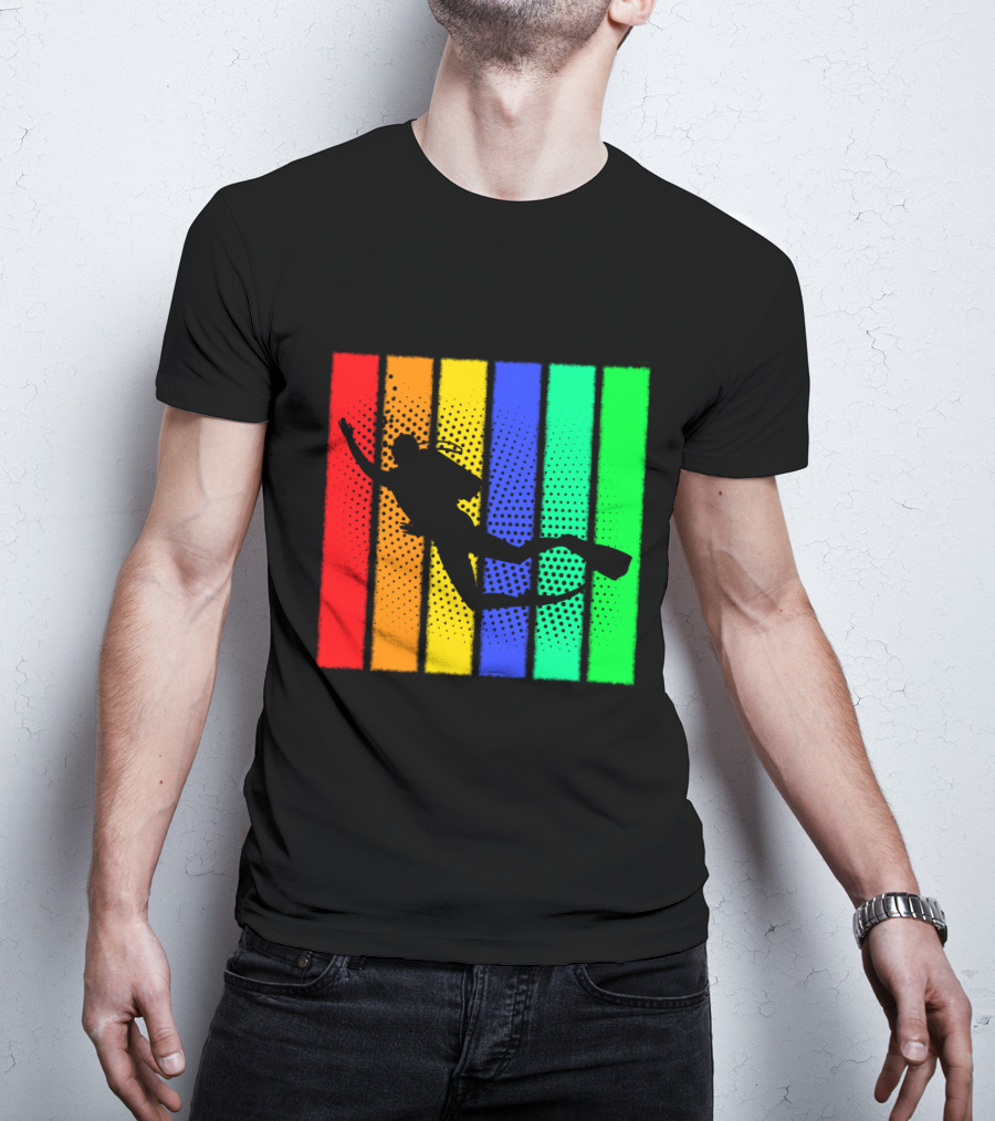 Retro Snorkeling Diver Silhouette Rainbow Stripes T-Shirt