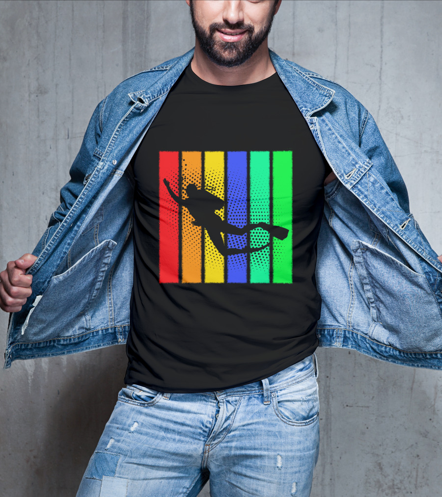 Retro Snorkeling Diver Silhouette Rainbow Stripes T-Shirt