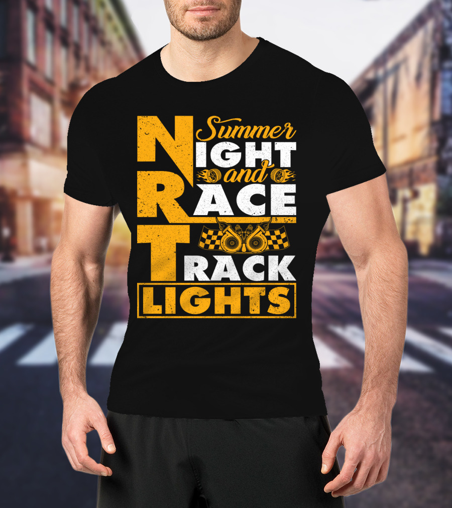 Summer Night And Race Track Lights With Engine And Checkered Flags T-Shirt