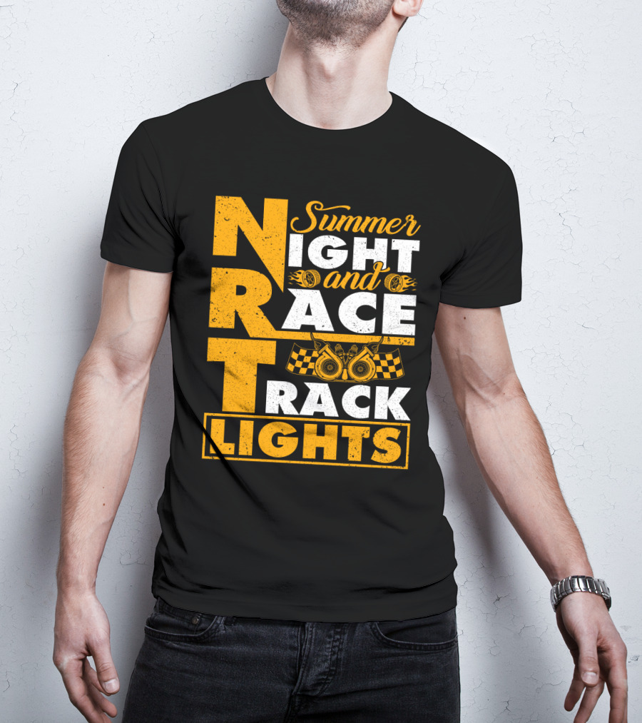 Summer Night And Race Track Lights With Engine And Checkered Flags T-Shirt