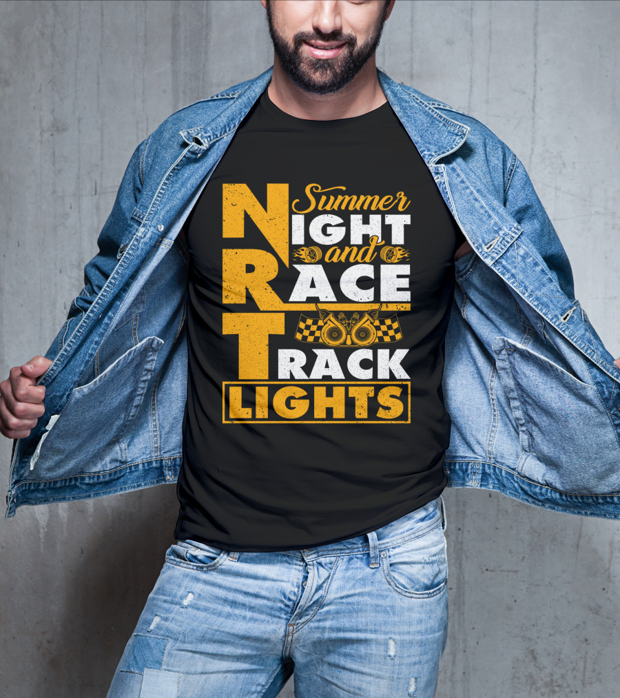 Summer Night And Race Track Lights With Engine And Checkered Flags T-Shirt