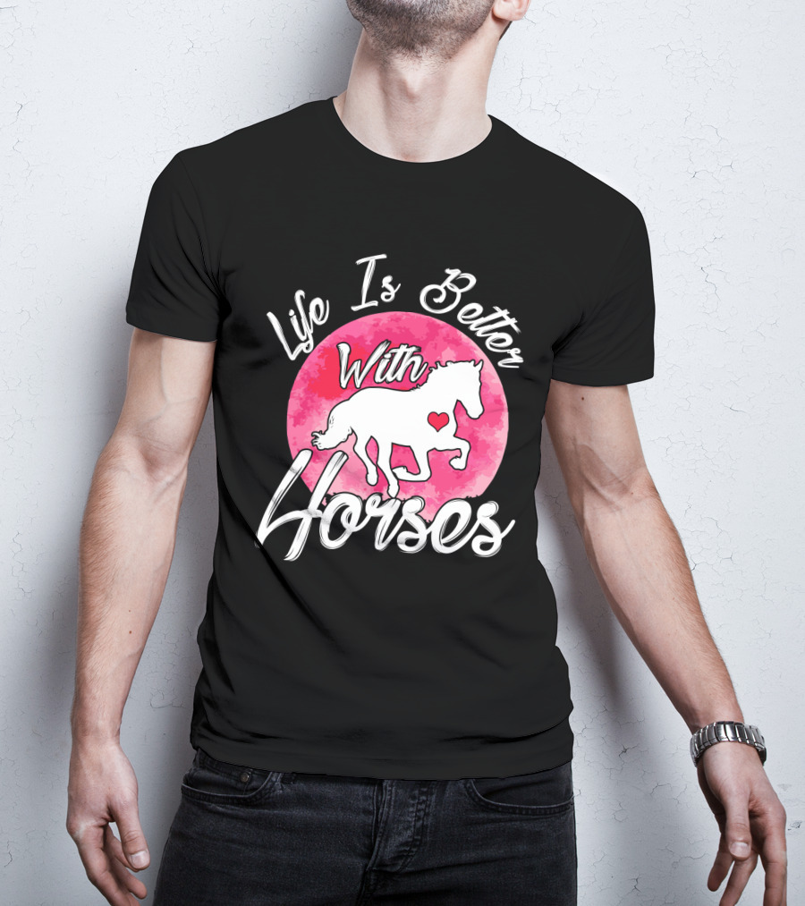 Life Is Better With Horses White Silhouette And Pink Watercolor Circle T-Shirt