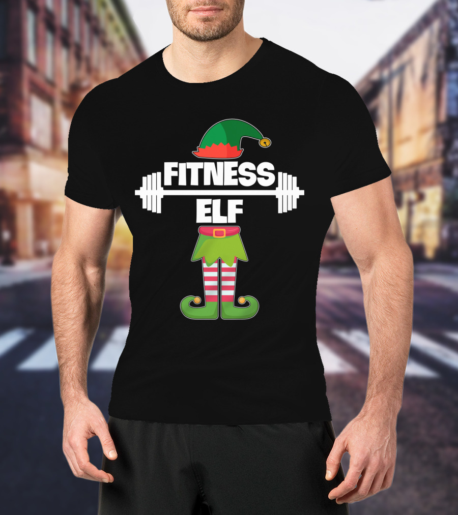 FITNESS ELF Workout Exercise Weight Lifter Barbell Holiday Humor T-Shirt