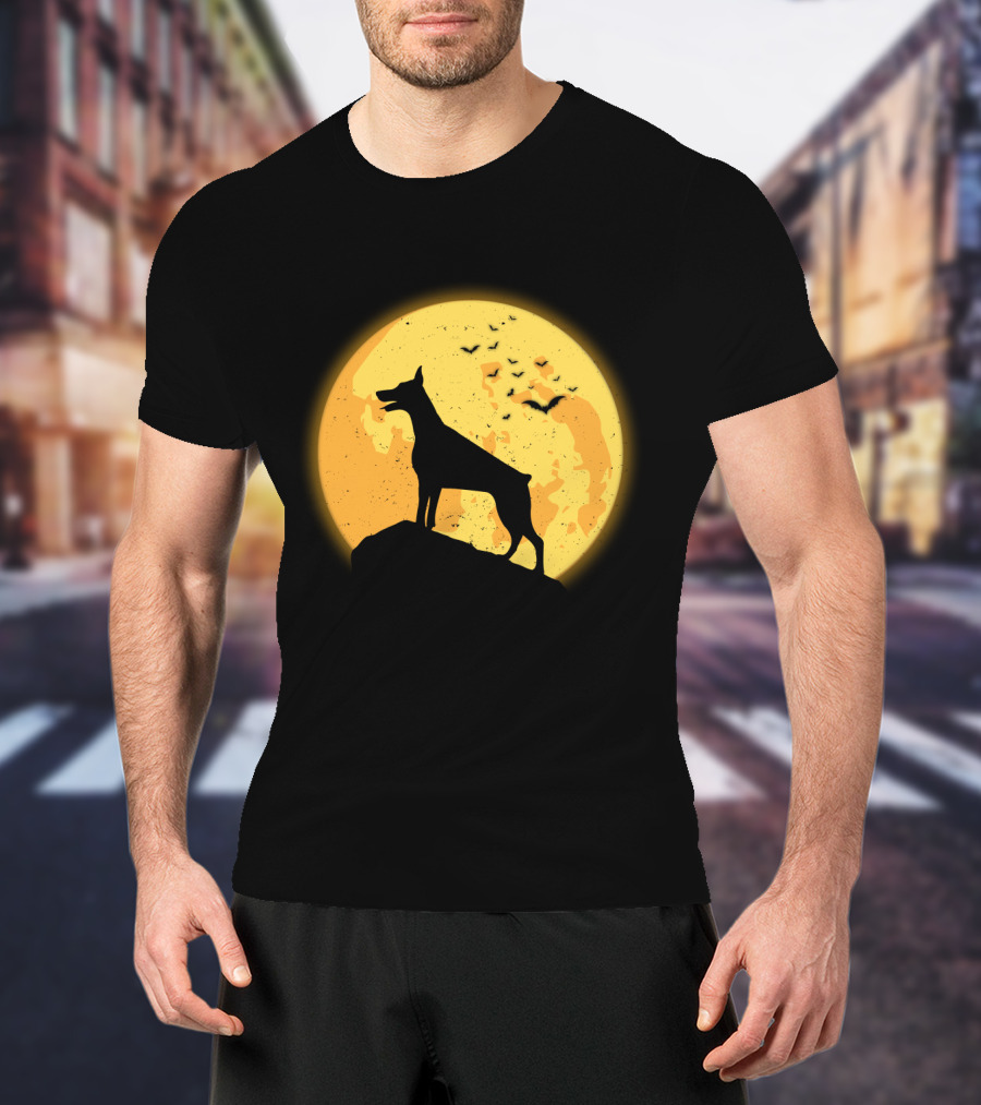 DOBERMAN Dog Silhouette Against Orange Moon Night Scene T-Shirt