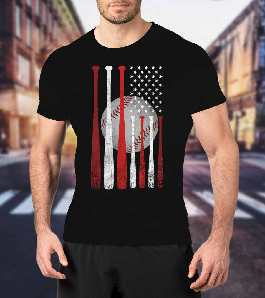 Vintage American Flag Baseball Bats And Ball Stars T-Shirt