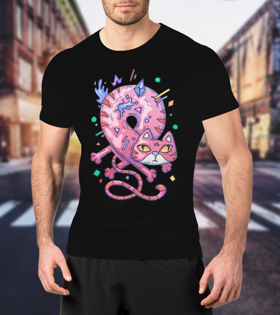 Pink Donut Cat Twisted Into Loop With Colorful Elements T-Shirt