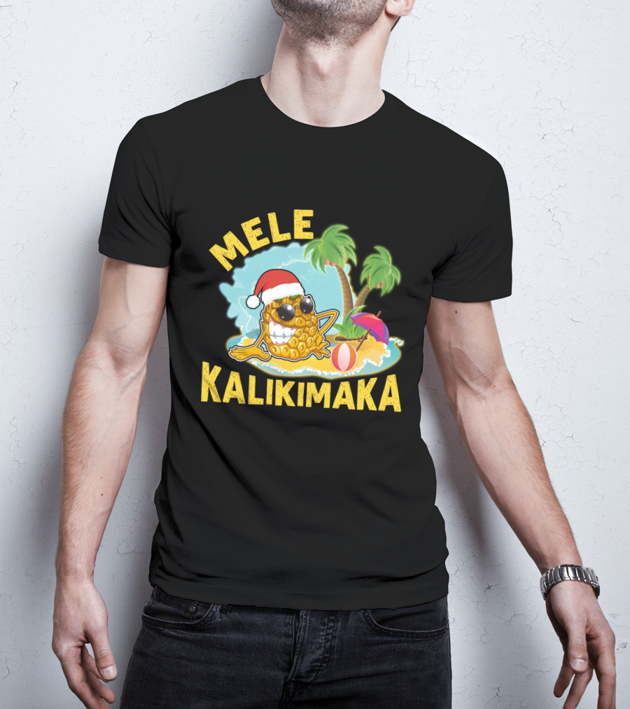 Mele Kalikimaka Hawaiian Pineapple With Santa Hat Tropical Christmas Vibes T-Shirt