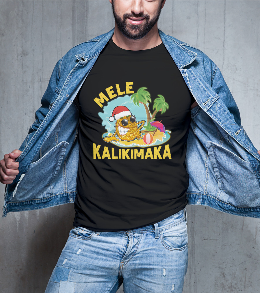 Mele Kalikimaka Hawaiian Pineapple With Santa Hat Tropical Christmas Vibes T-Shirt