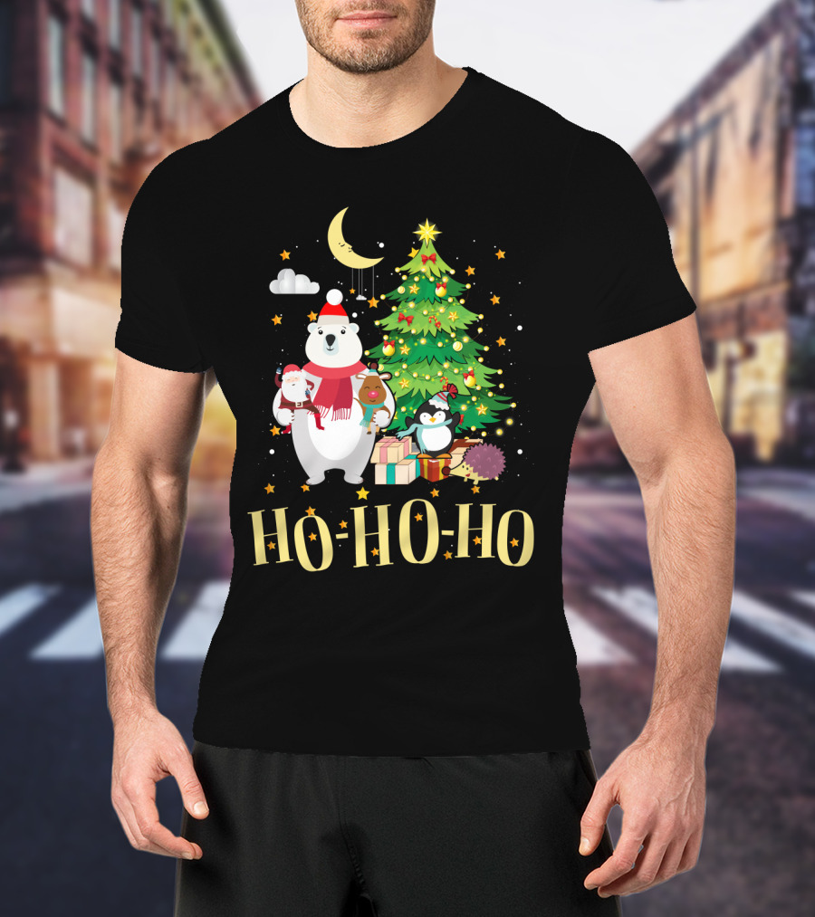 HO HO HO Christmas Dreams Polar Bear Santa Penguin Tree T-Shirt