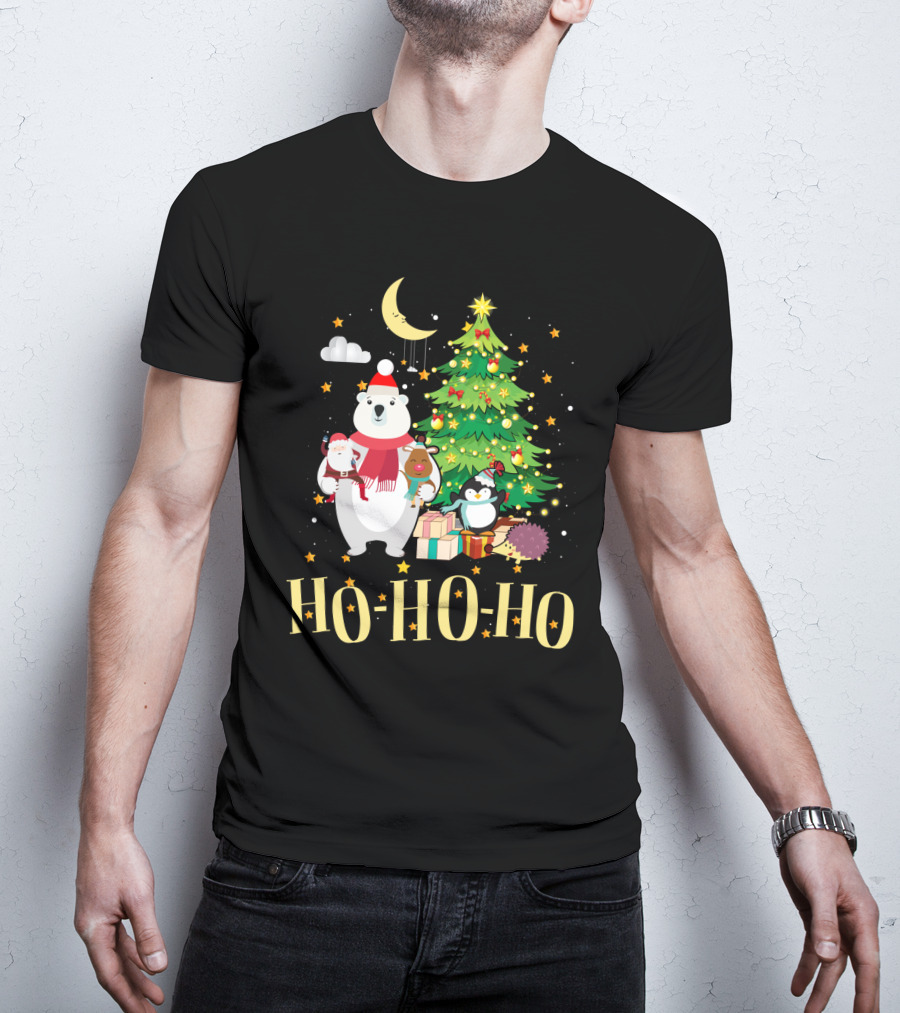 HO HO HO Christmas Dreams Polar Bear Santa Penguin Tree T-Shirt