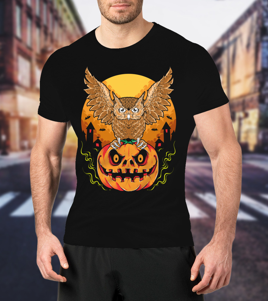 Owl Perched On Halloween Pumpkin With Haunted Houses And Bats T-Shirt
