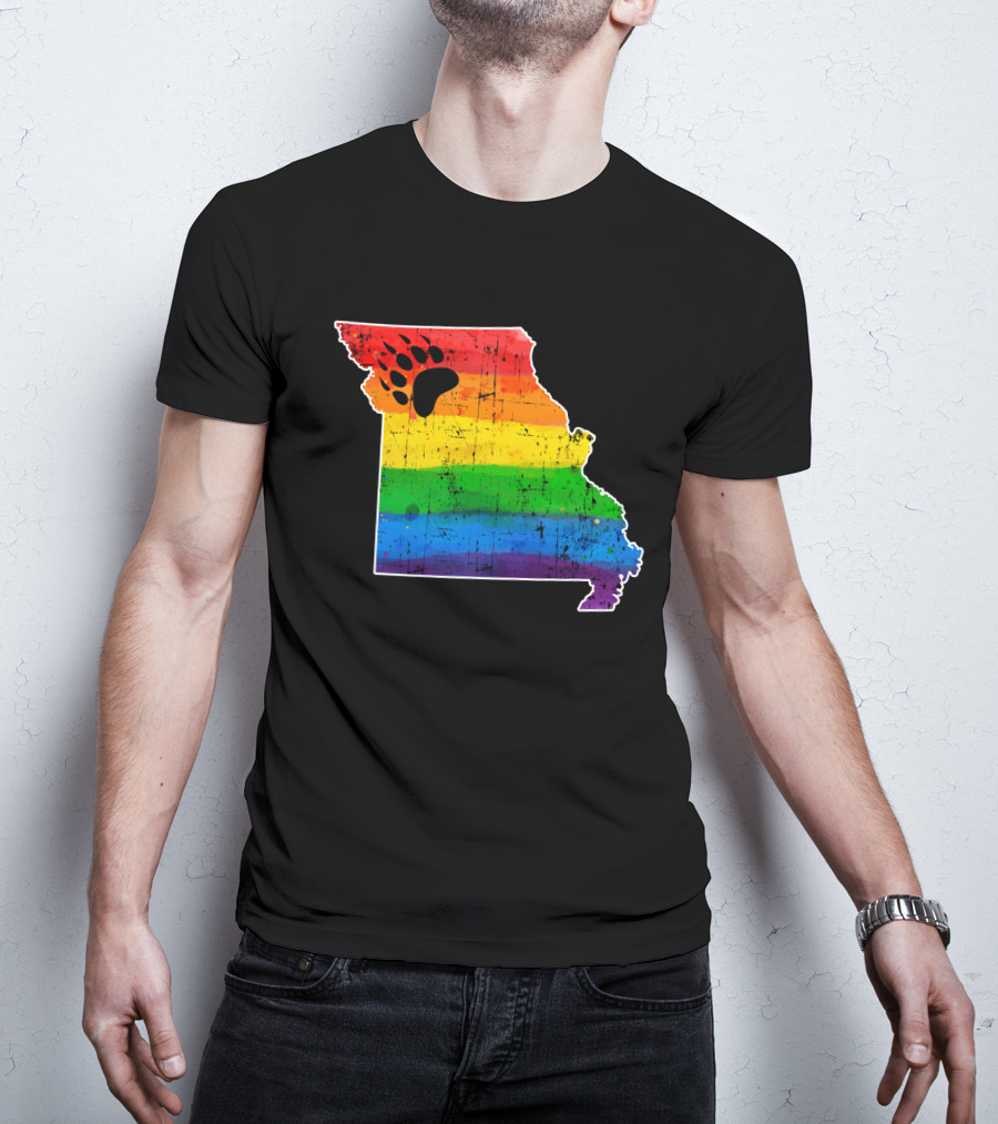 Missouri State Shape With Rainbow Bear Paw Pride Flag T-Shirt