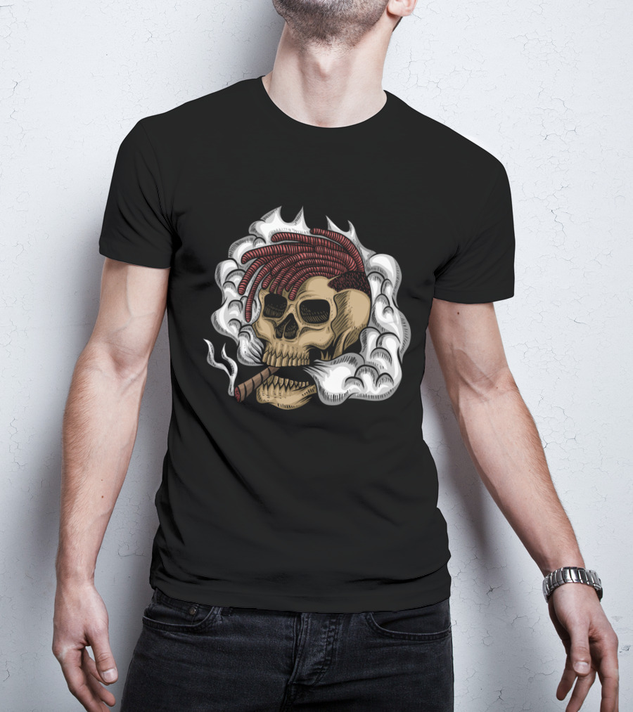 Skull Smoke Cigar With Red Braided Hair And White Smoke Plumes T-Shirt