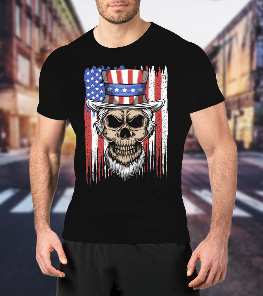 Skull Uncle Sam American Flag Hat T-Shirt