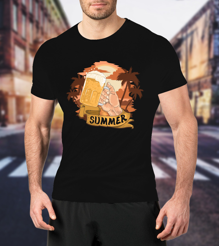 Summer Beach Beer Cheers At Sunset Palm Landscape T-Shirt