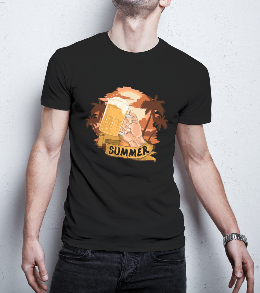 Summer Beach Beer Cheers At Sunset Palm Landscape T-Shirt