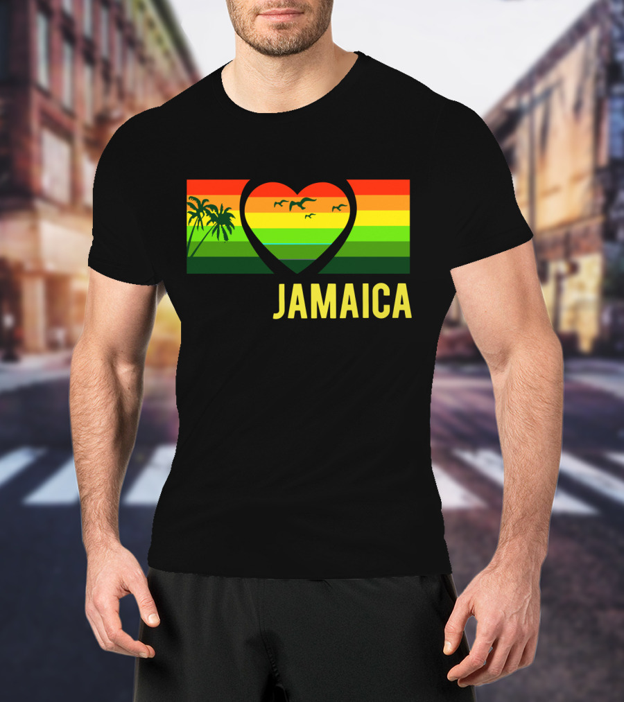 Jamaica Heart Rasta Reggae Sunset With Palm Trees And Birds T-Shirt