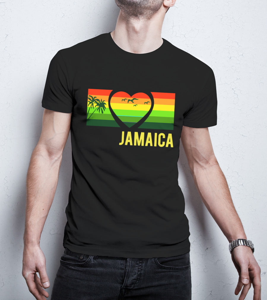 Jamaica Heart Rasta Reggae Sunset With Palm Trees And Birds T-Shirt