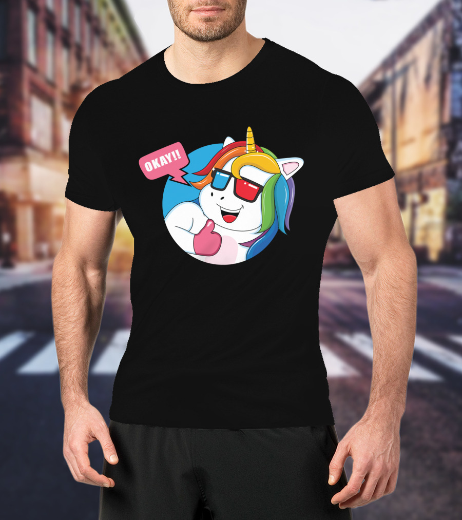 OKAY Unicorn Expression Rainbow Sunglasses Thumbs Up T-Shirt