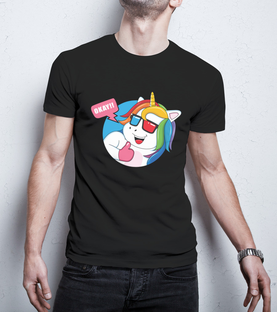 OKAY Unicorn Expression Rainbow Sunglasses Thumbs Up T-Shirt