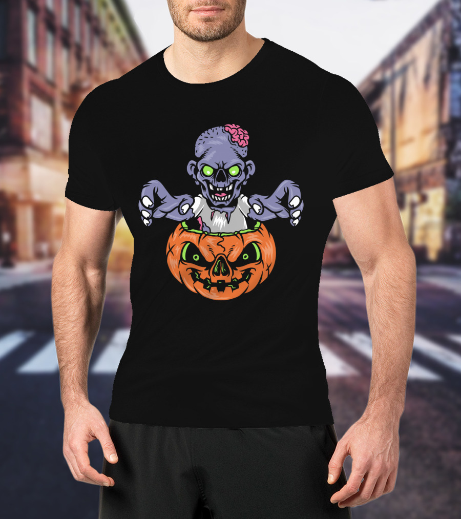 Zombie In Pumpkin With Glowing Eyes And Brain T-Shirt