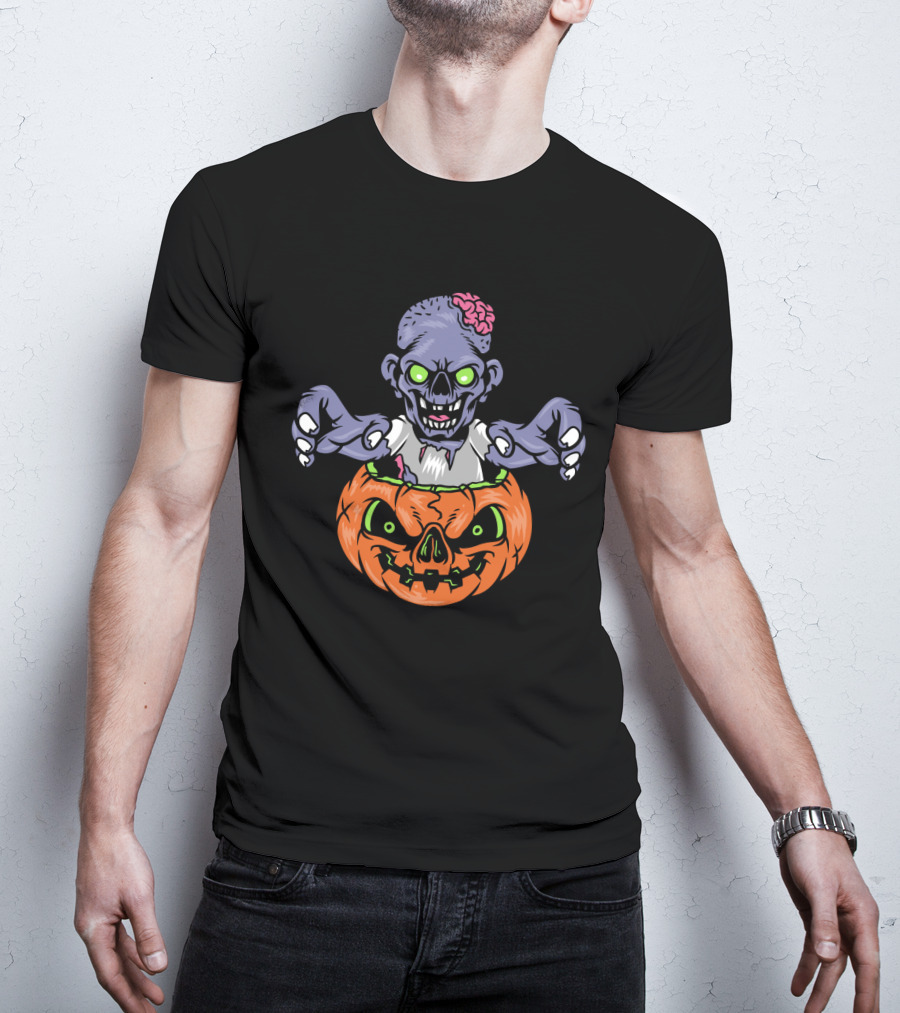 Zombie In Pumpkin With Glowing Eyes And Brain T-Shirt