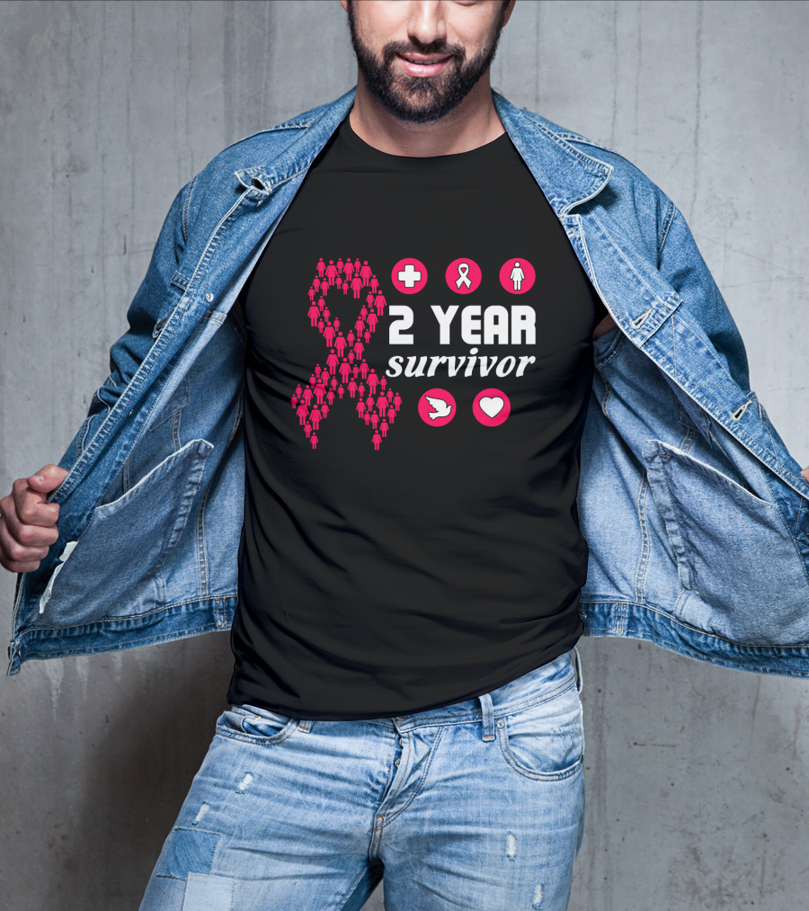 2 Year Survivor Pink Ribbon Breast Cancer Awareness Icons T-Shirt