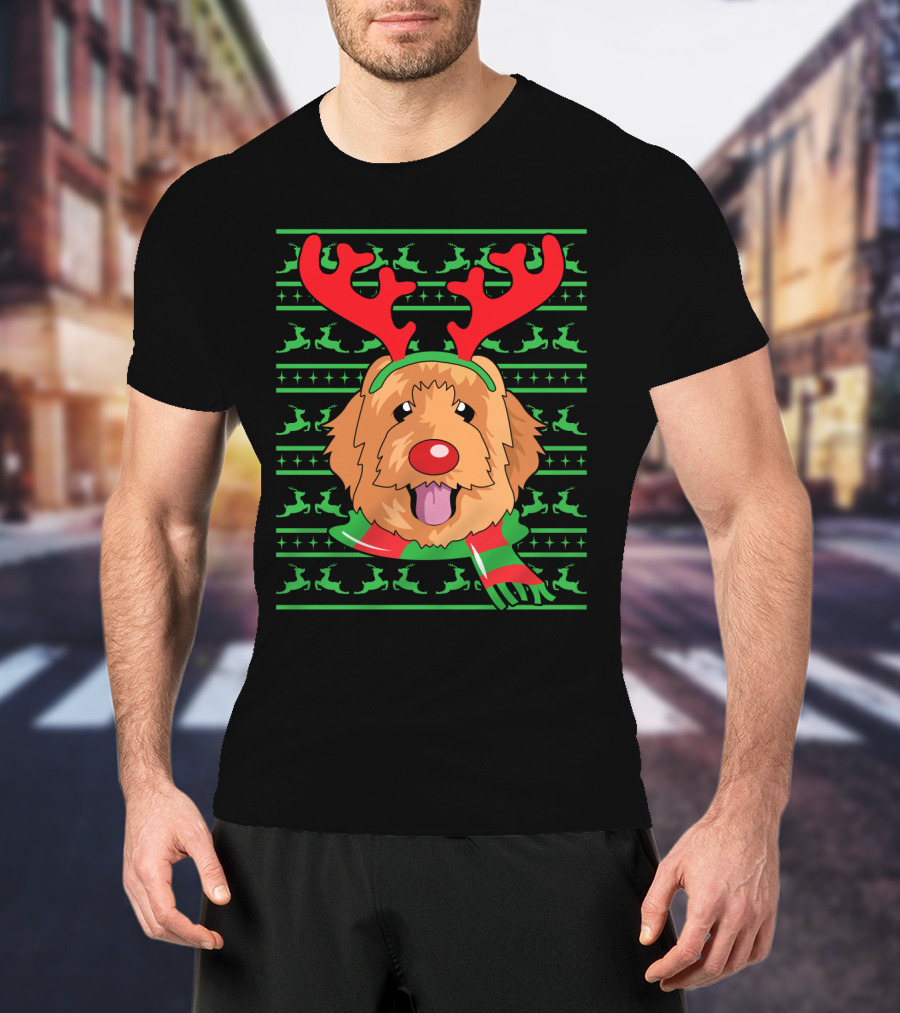 Golden Doodle Reindeer Christmas Scarf And Antlers T-Shirt