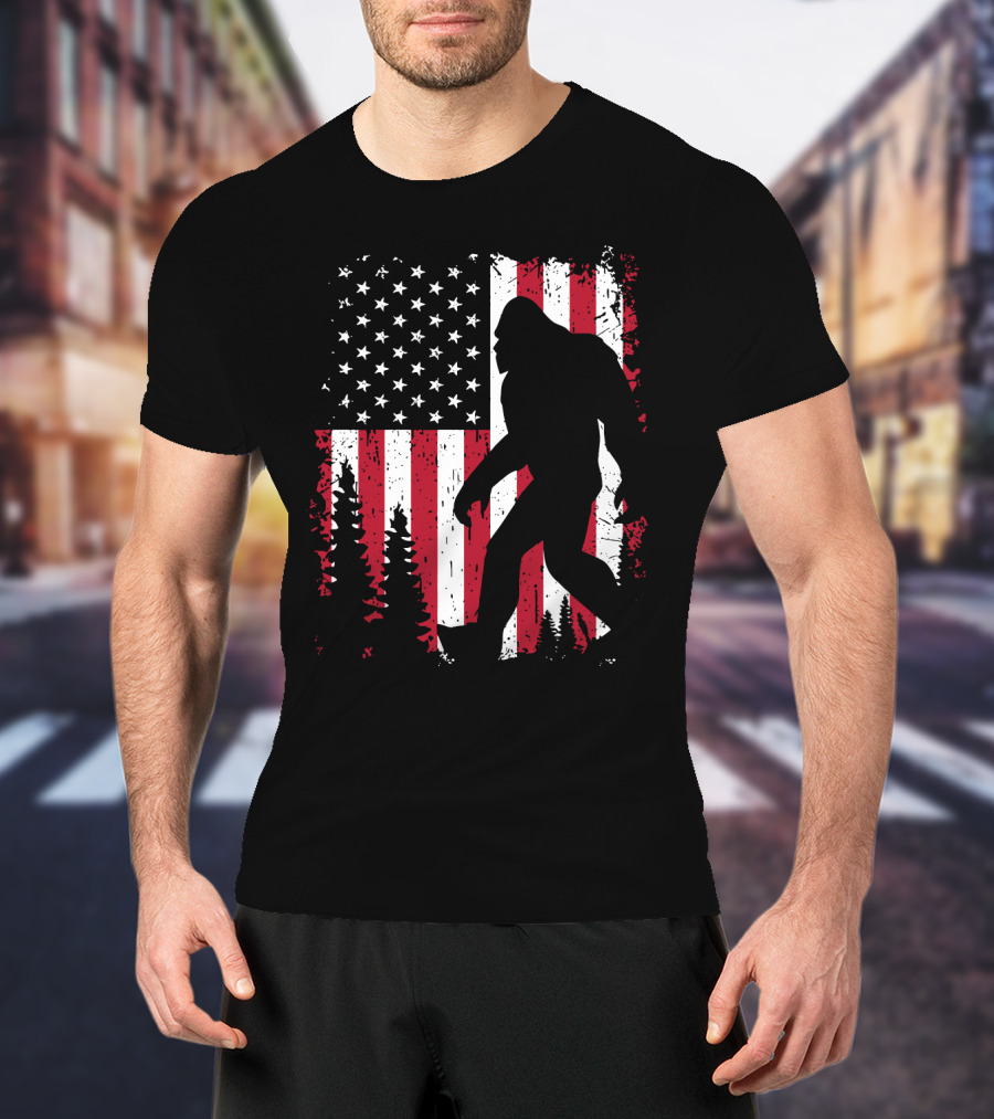Bigfoot Walking Across American Flag With Forest T-Shirt