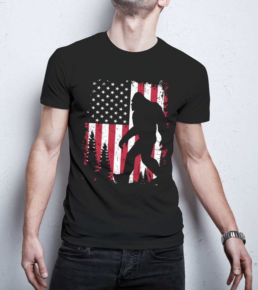 Bigfoot Walking Across American Flag With Forest T-Shirt