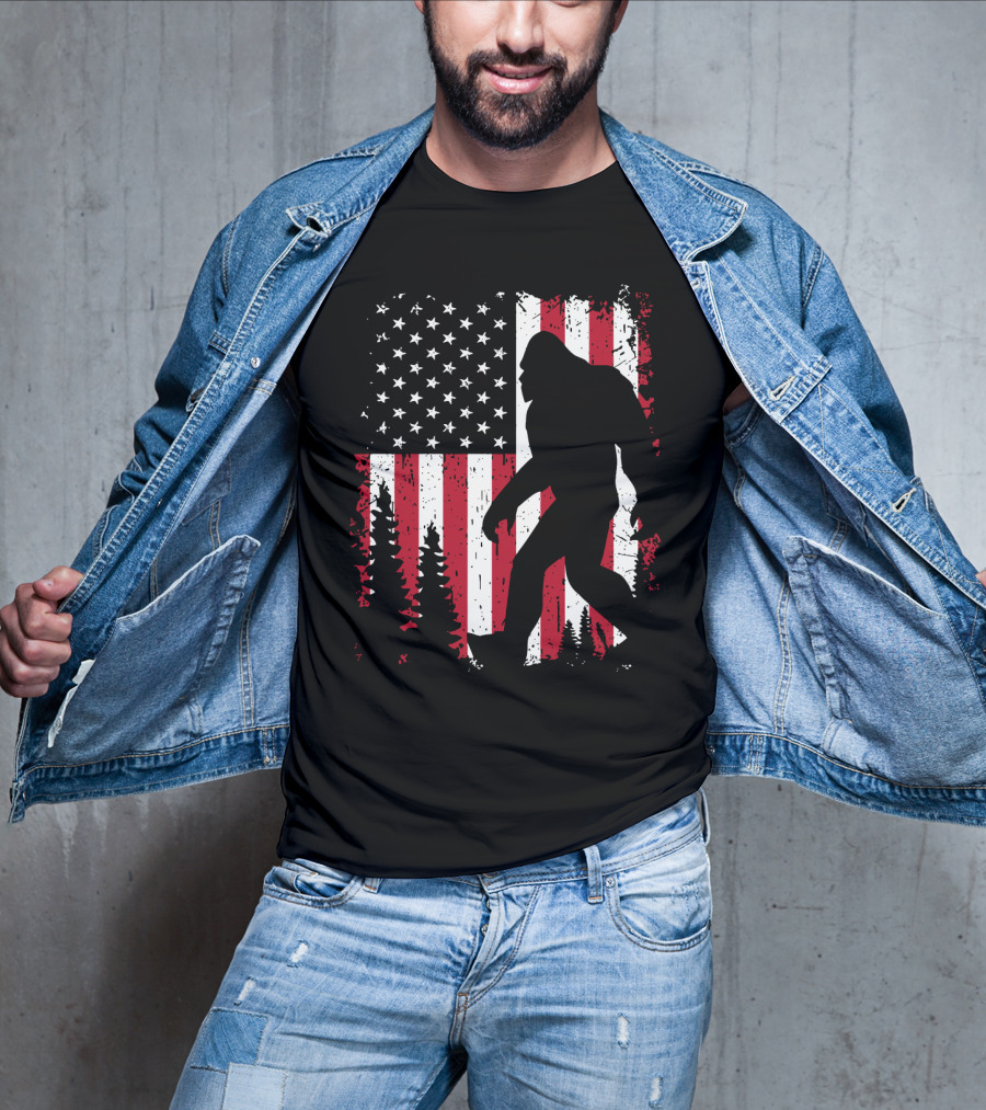 Bigfoot Walking Across American Flag With Forest T-Shirt