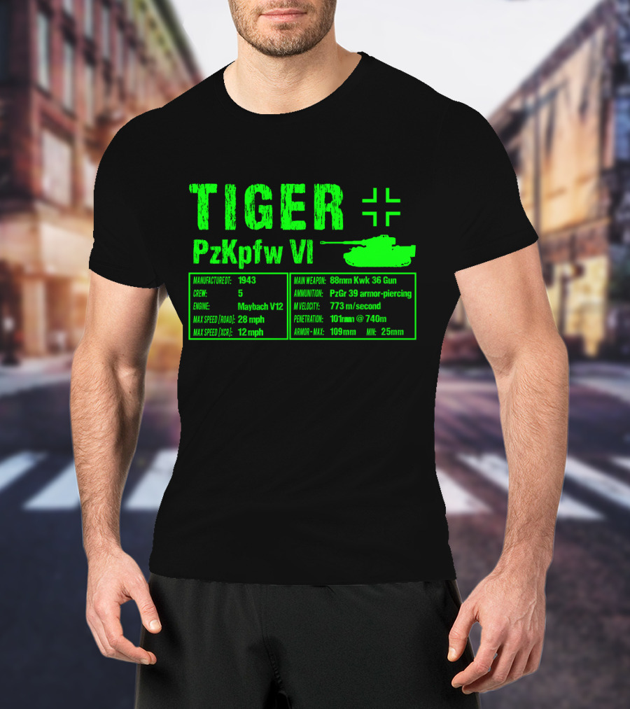 Tiger PzKpfw VI 1943 German Heavy Tank Specs With 88mm KwK 36 Gun T-Shirt