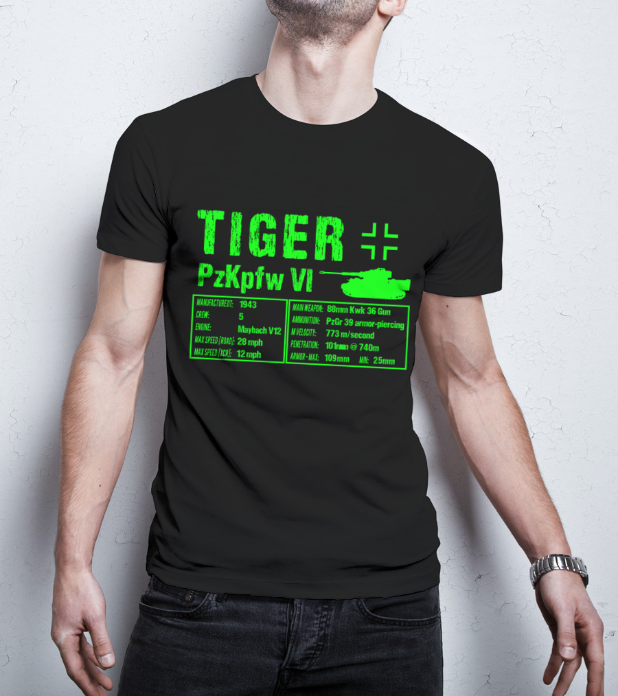 Tiger PzKpfw VI 1943 German Heavy Tank Specs With 88mm KwK 36 Gun T-Shirt
