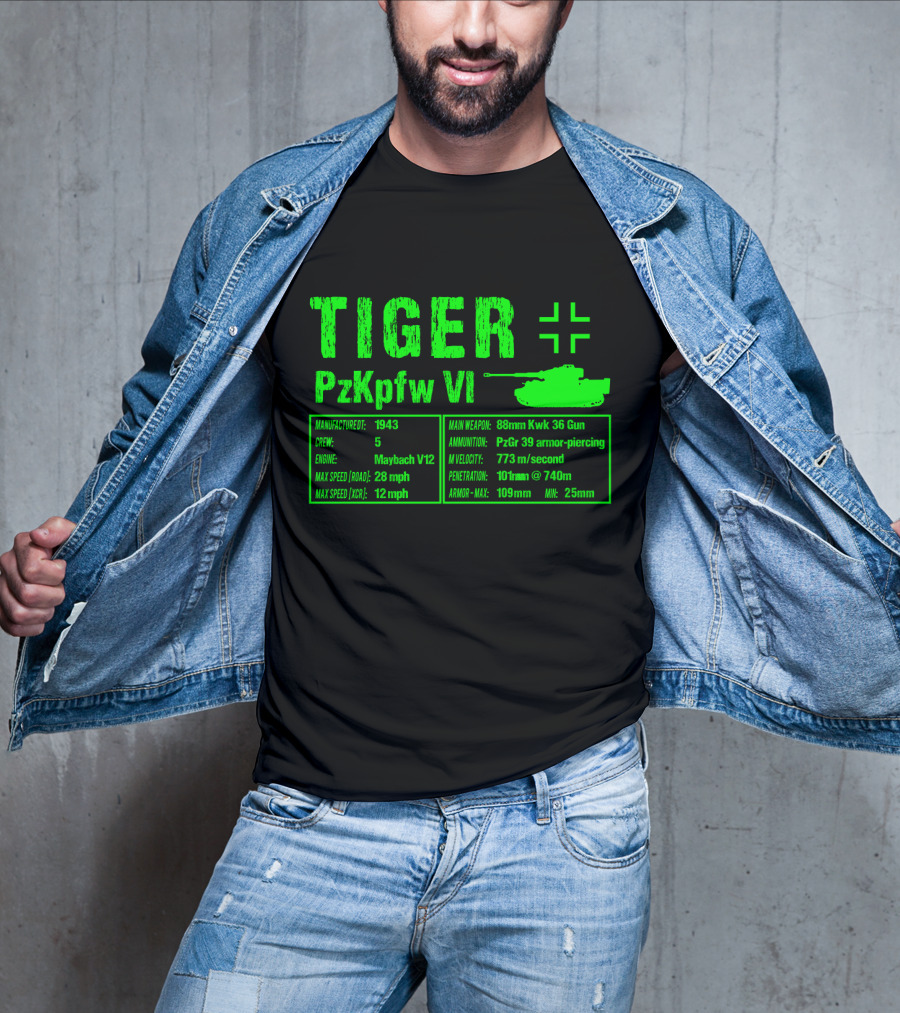 Tiger PzKpfw VI 1943 German Heavy Tank Specs With 88mm KwK 36 Gun T-Shirt