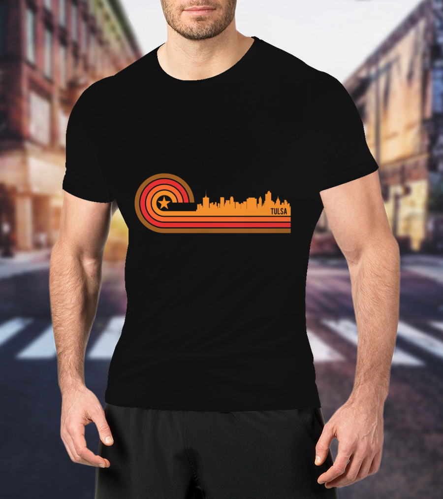 Retro Tulsa OK Skyline With Star And Sunset Stripes T-Shirt