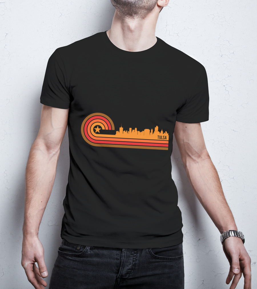 Retro Tulsa OK Skyline With Star And Sunset Stripes T-Shirt