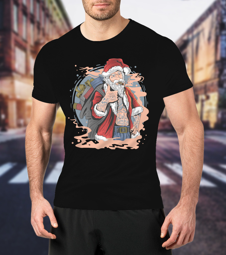 Christmas Santa Claus Smoking Tattooed Holiday Thumbs Up T-Shirt