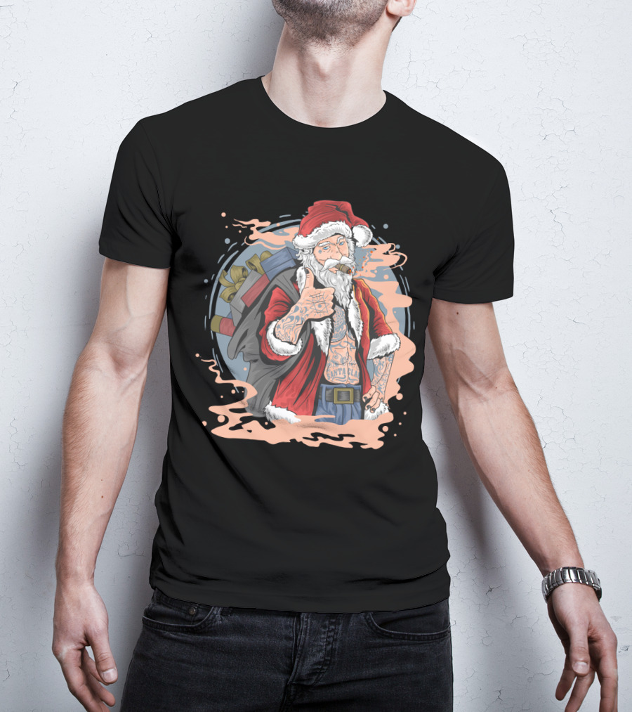 Christmas Santa Claus Smoking Tattooed Holiday Thumbs Up T-Shirt