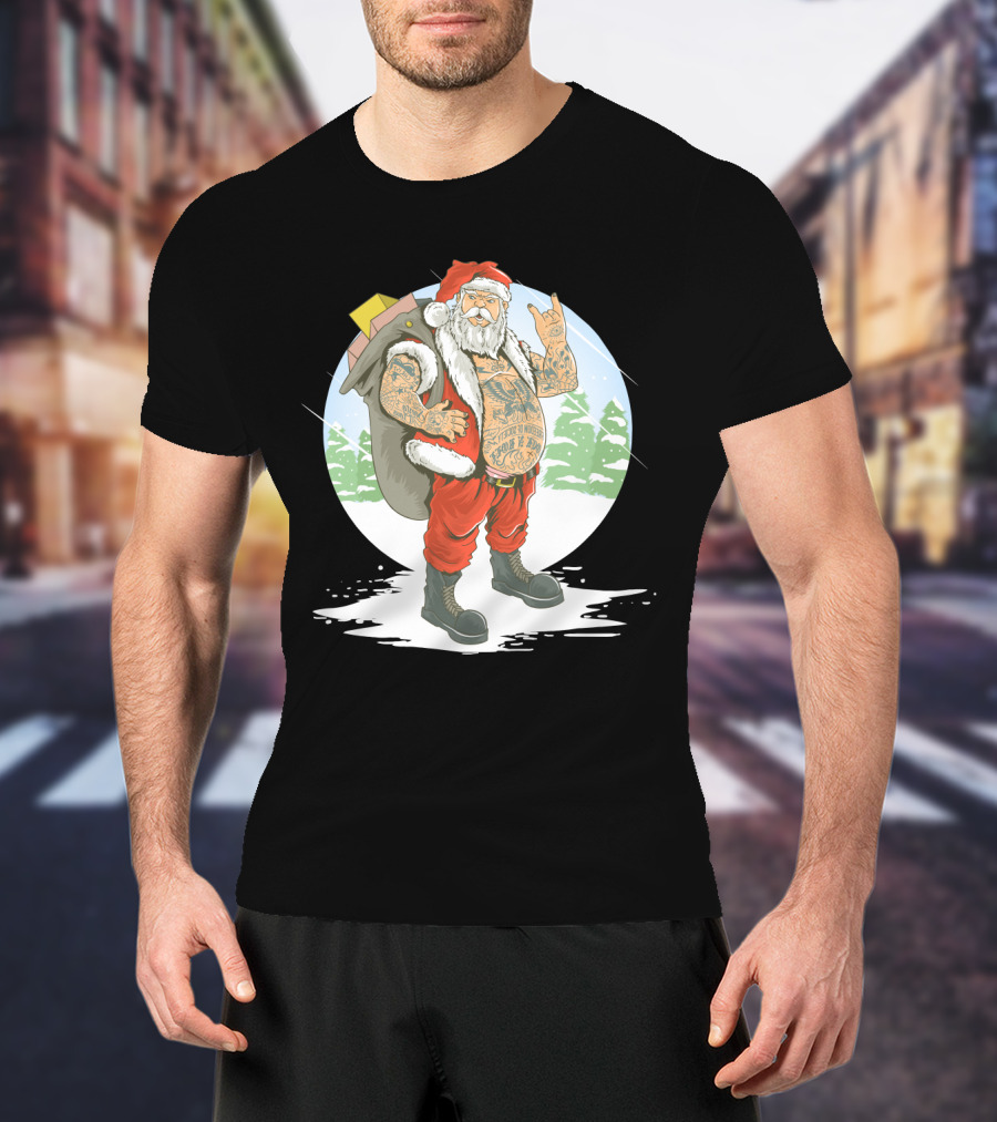 Christmas Santa Claus With Full Body Tattoo And Rock Hand Gesture T-Shirt