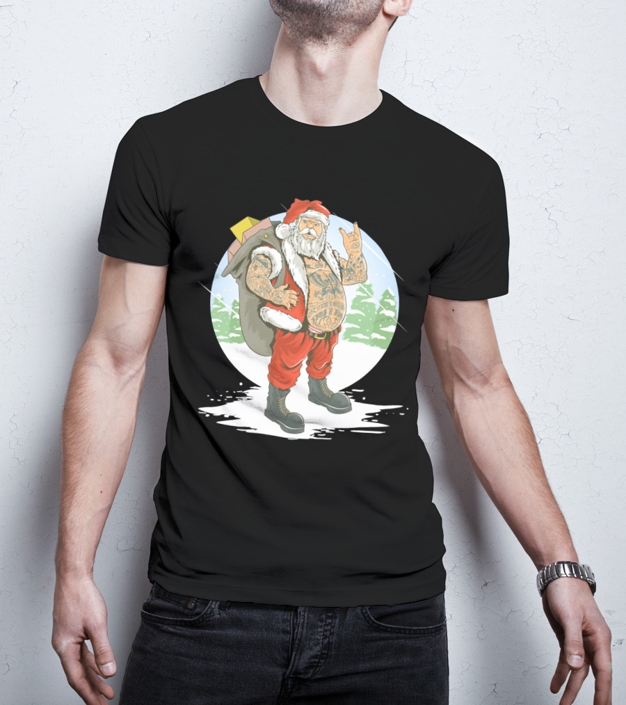 Christmas Santa Claus With Full Body Tattoo And Rock Hand Gesture T-Shirt
