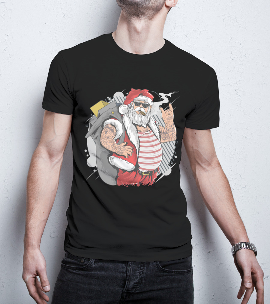 Santa Claus Merry Christmas Tattoo Rock Hand Illustrated T-Shirt