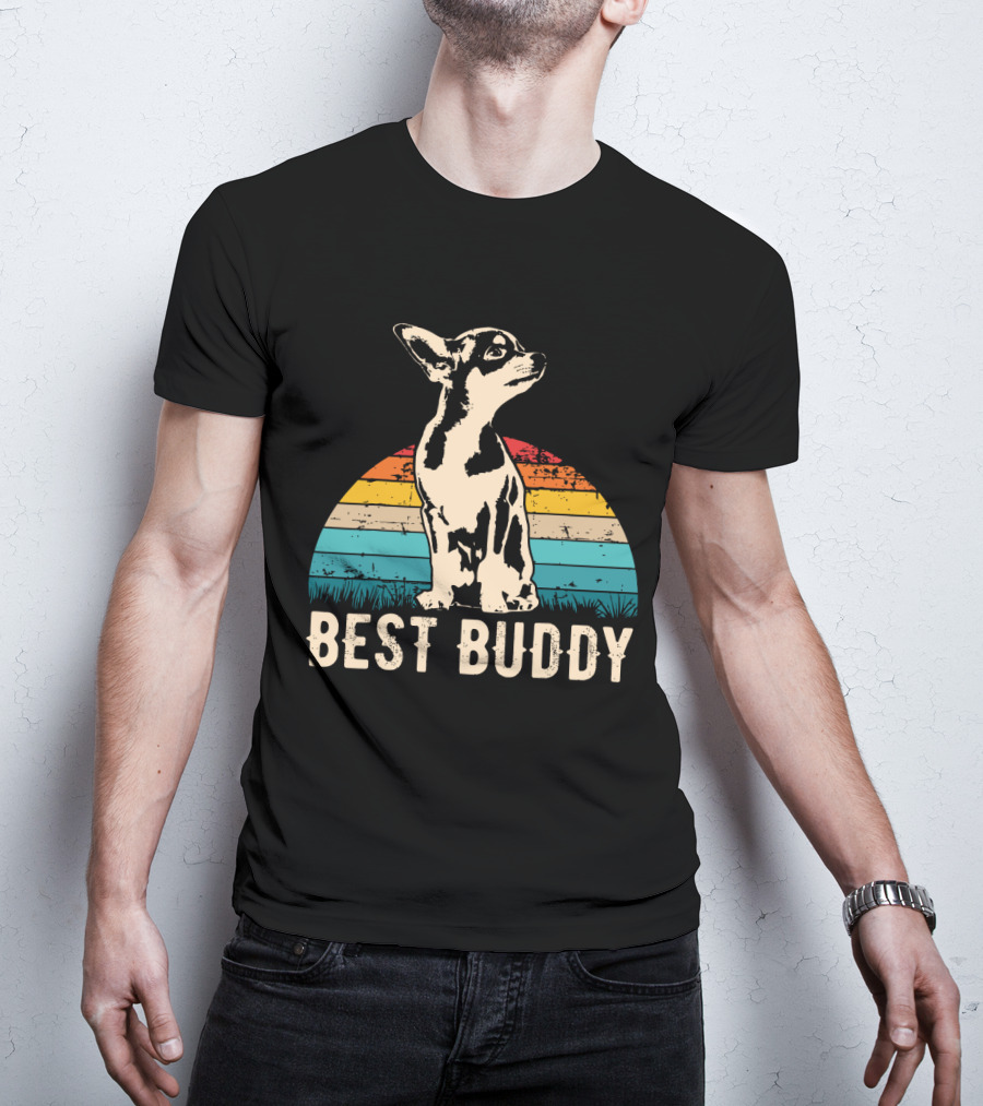 Retro Best Buddy Chihuahua With Vintage Sunset Stripes T-Shirt