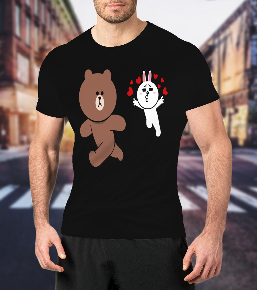 Cute Brown Bear Cony Bunny Rabbit Love Hearts Chase Valentine's Day Run T-Shirt