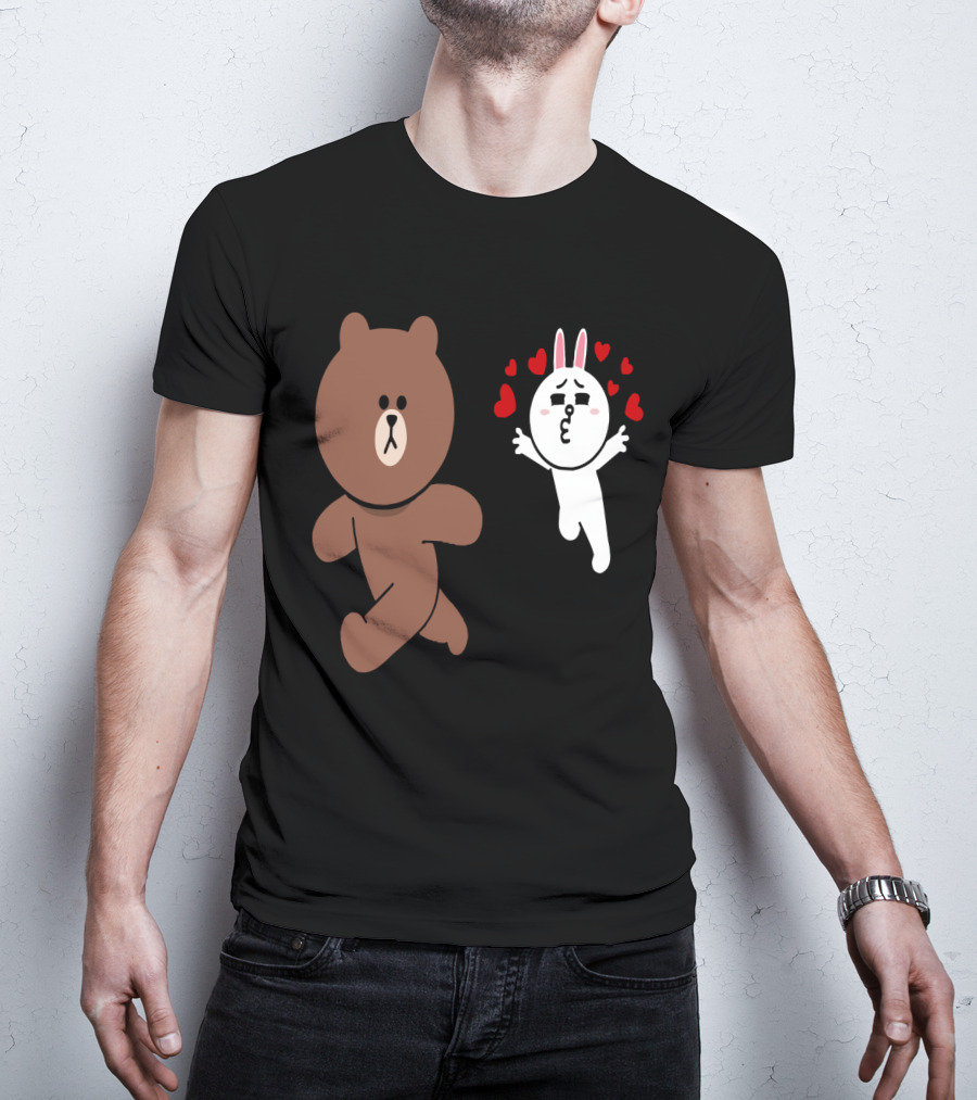 Cute Brown Bear Cony Bunny Rabbit Love Hearts Chase Valentine's Day Run T-Shirt
