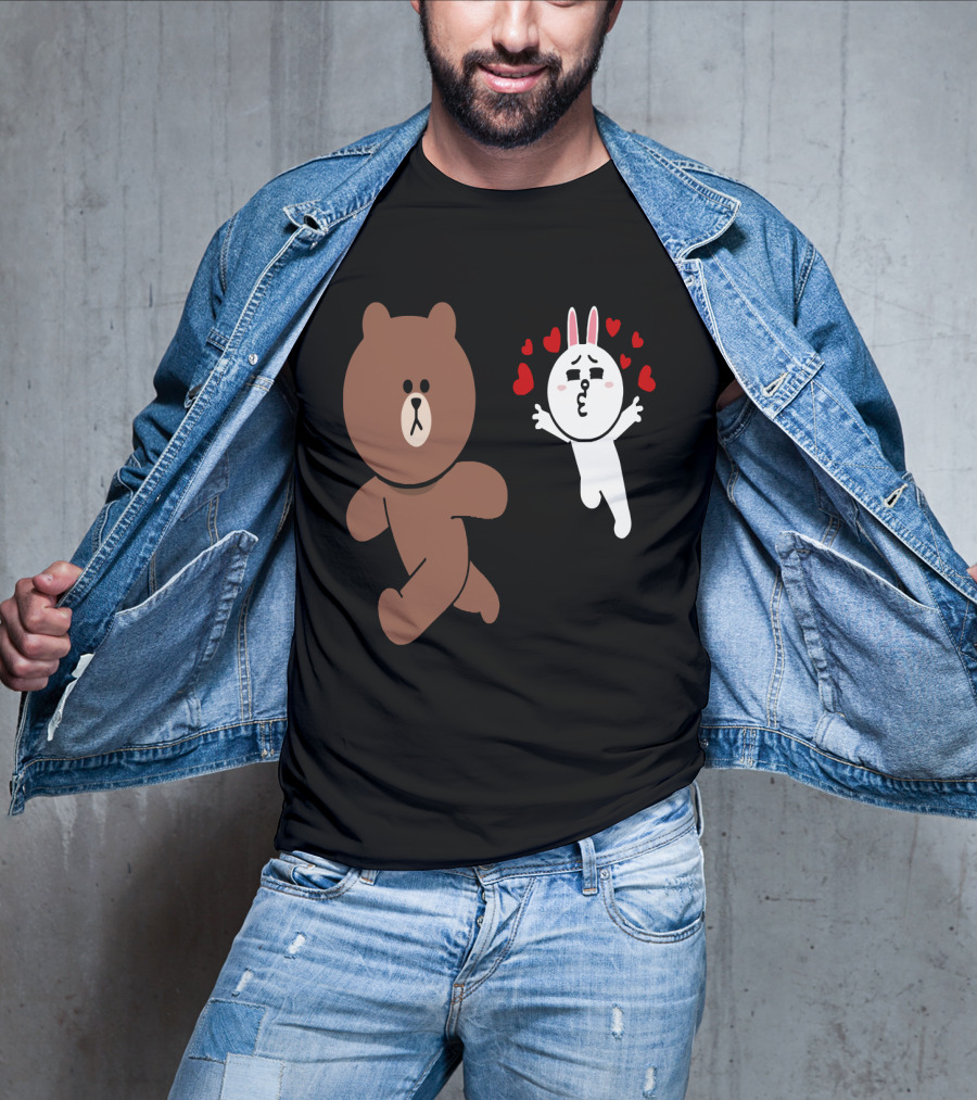 Cute Brown Bear Cony Bunny Rabbit Love Hearts Chase Valentine's Day Run T-Shirt