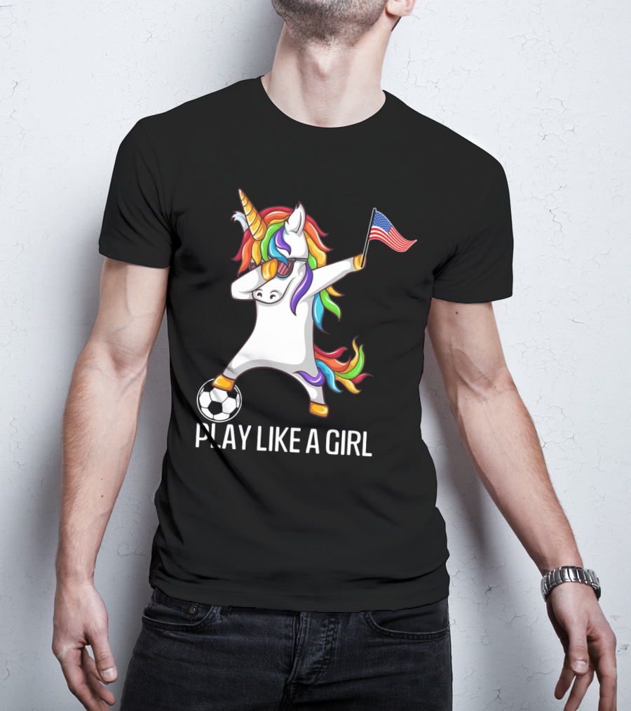 Dabbing Unicorn Play Like A Girl USA Soccer T-Shirt