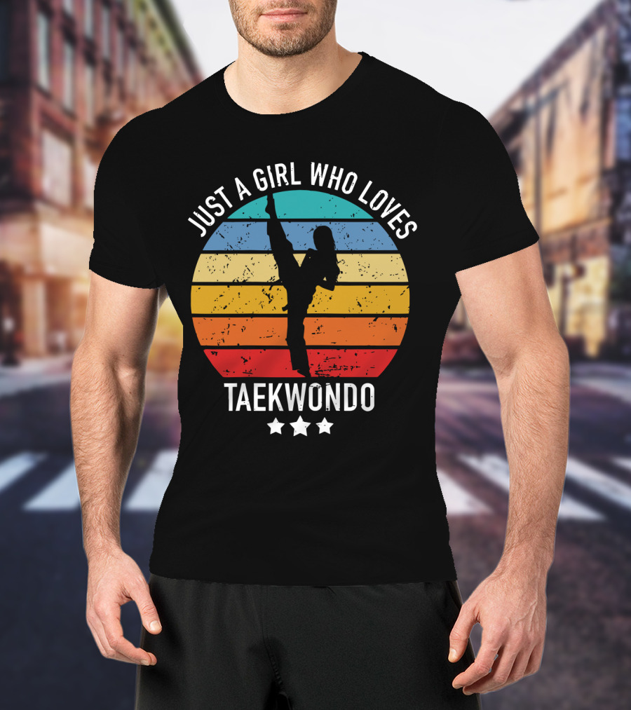 Just A Girl Who Loves Taekwondo Vintage Silhouette Rainbow Stripes T-Shirt